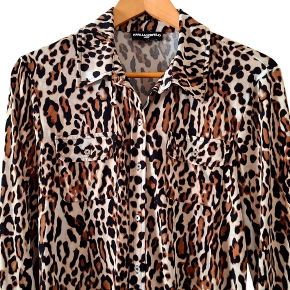 Karl Lagerfeld Paris Leopard Print Button Down Shirt Womens Tan Black EXCELLENT